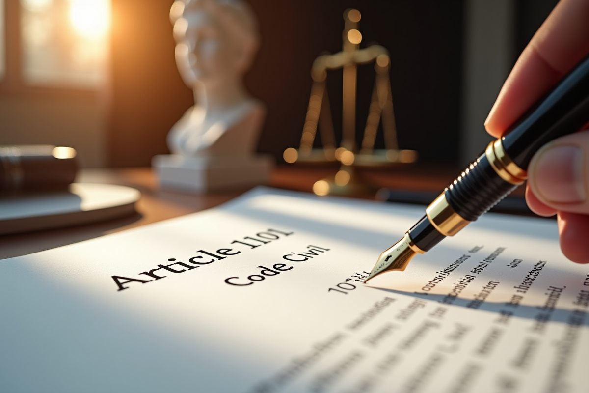 Bureau de notaire moderne avec contrat et balances de justice