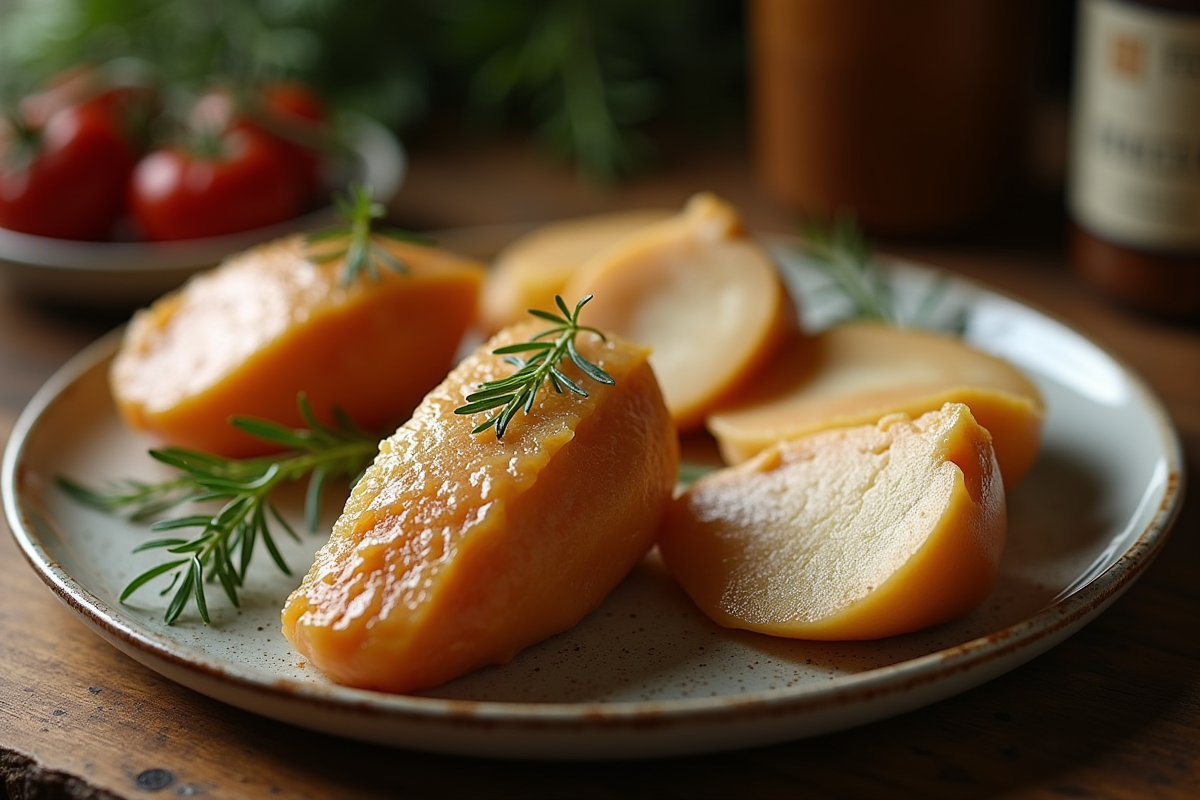Foie gras entier sur assiette en céramique avec portions sous vide