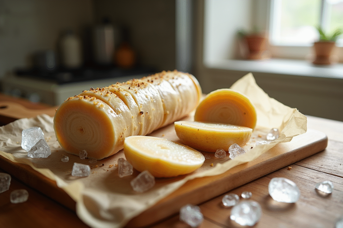 Tranches de foie gras en terrine sur planche en bois avec glace