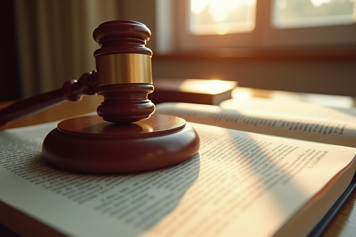 Gavel en bois sur un livre de droit civil français ouvert