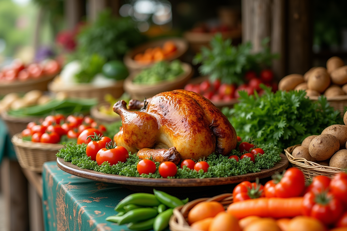 Marché de légumes colorés avec poulet rôti en centre