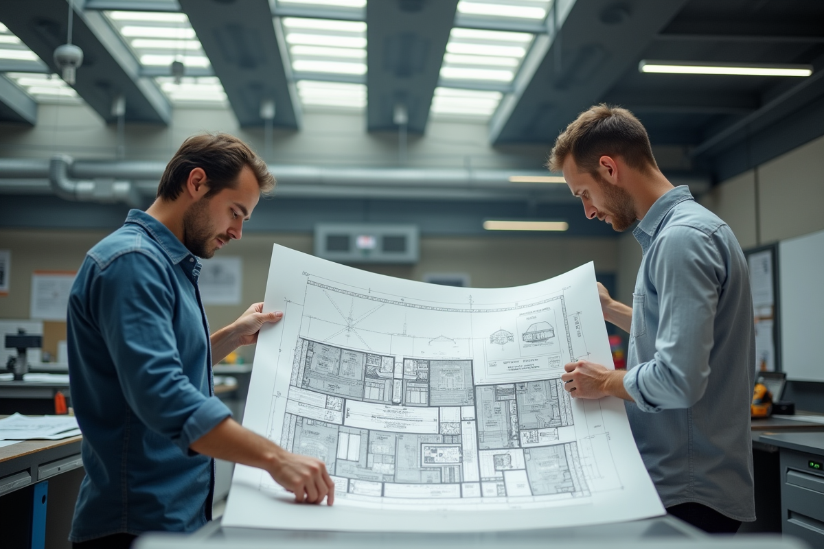 Deux professionnels analysant un plan architectural dans un atelier lumineux