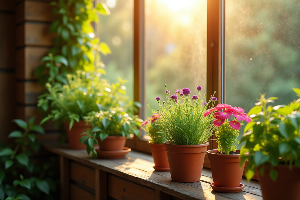 Balcon avec plantes aromatiques et vignes au matin