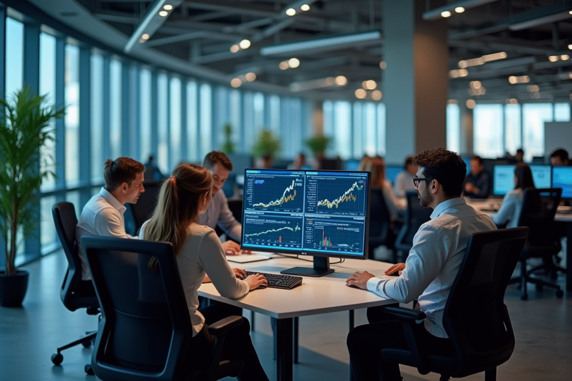 Bureau moderne avec équipe finance collaborant