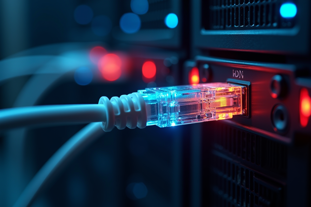 Câble réseau lumineux connecté à un serveur en environnement hightech