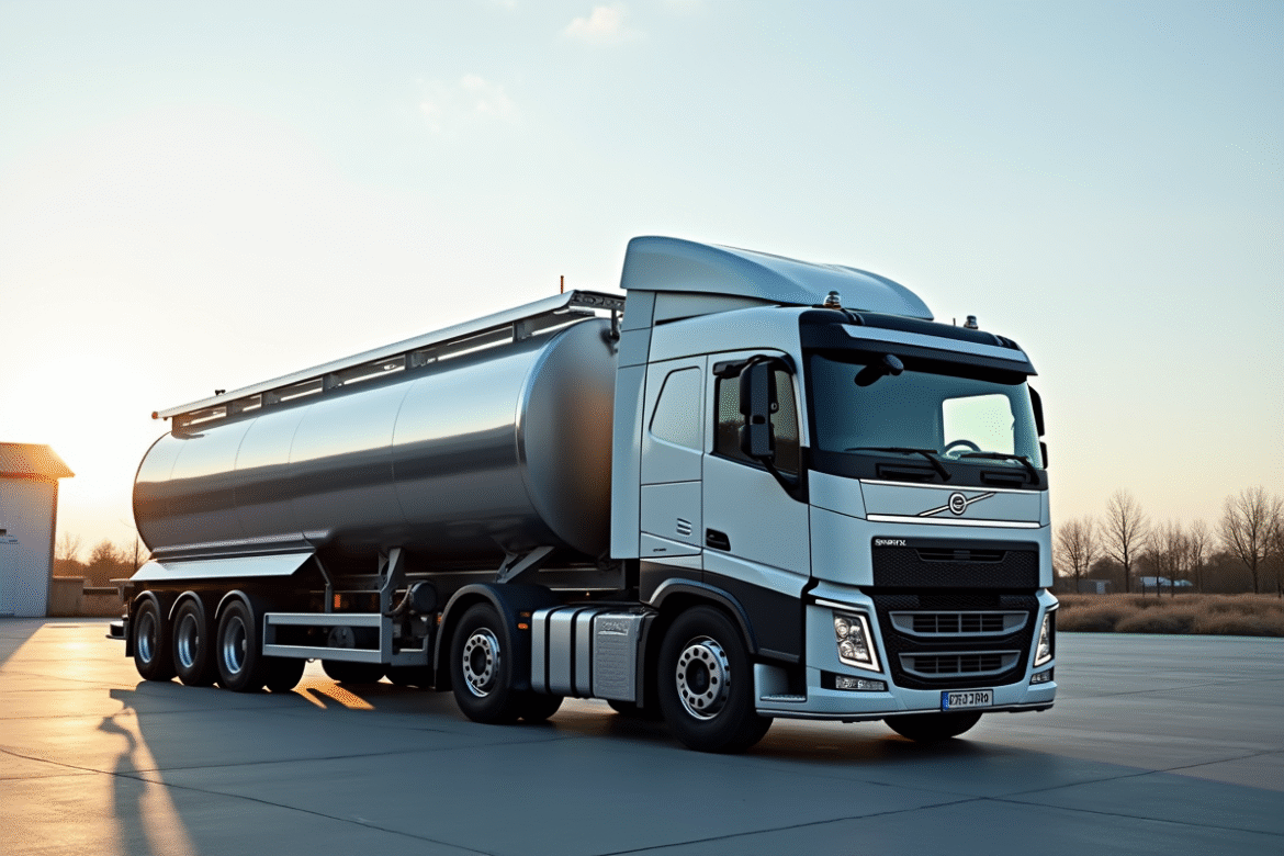 Camion citerne moderne en acier inoxydable dans une zone industrielle