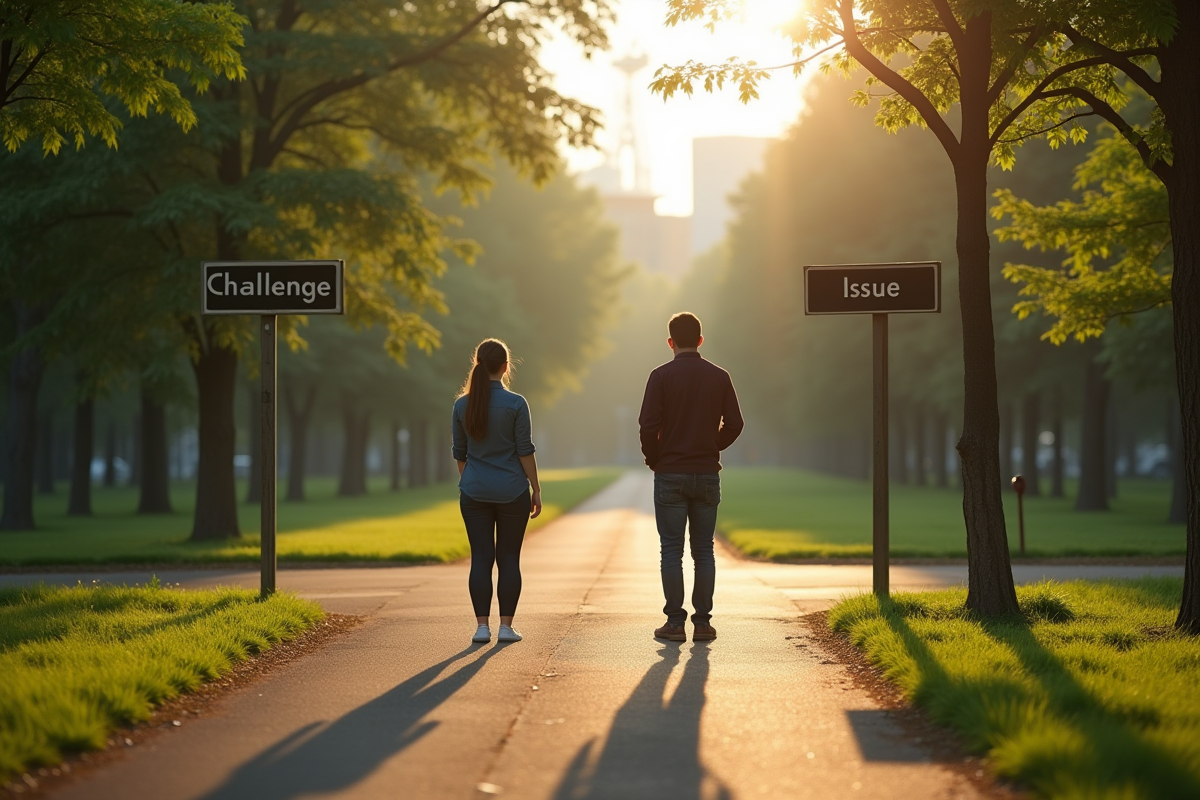 Deux personnes à un croisement dans un parc urbain avec panneaux challenge et issue