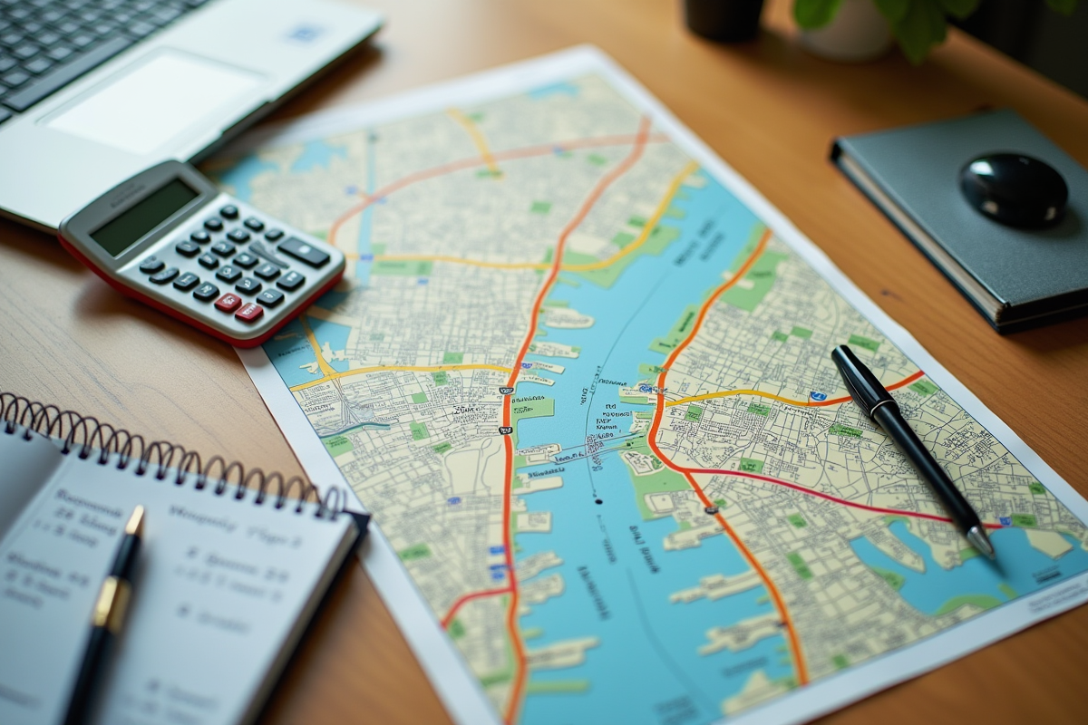 Vue du plan de ville avec smartphone et calculatrice sur une table en bois