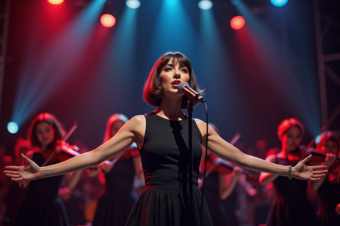 Chanteuse française passionnée sur scène avec orchestre moderne