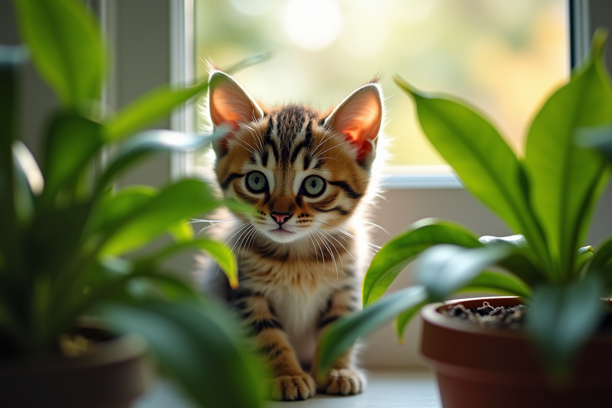 Chaton curieux derrière des plantes vertes lumineuses