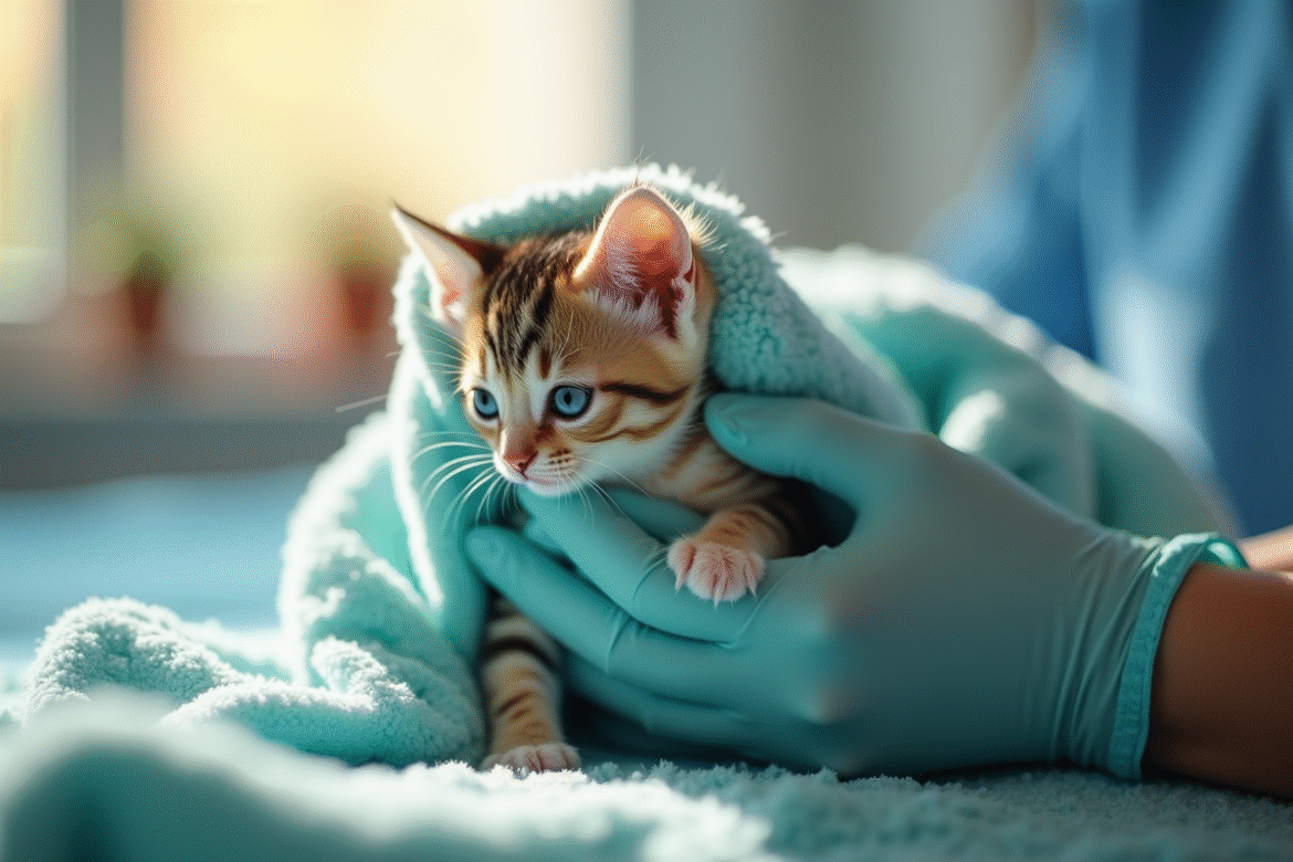 Chaton enveloppe dans une serviette douce soigné par une personne