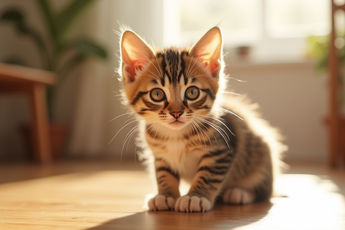 Chaton tabby lumineux sur un sol en bois clair