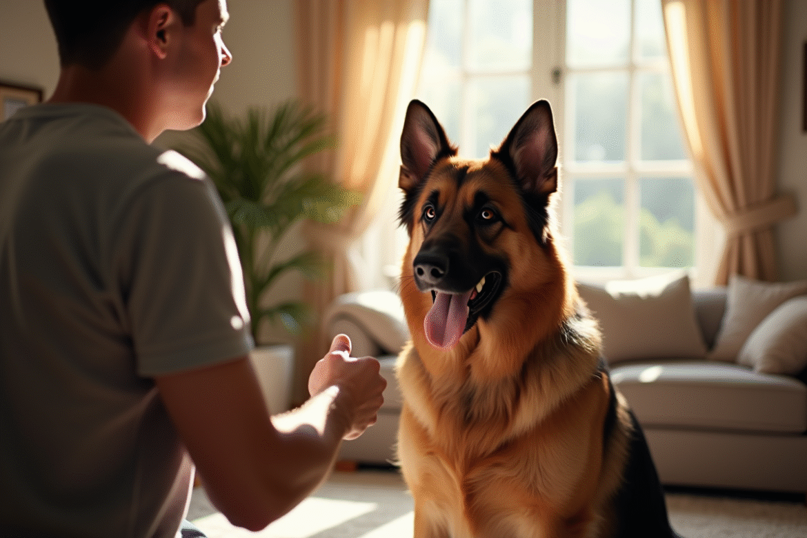 Chien mix German Shepherd et Newfoundland en position attentive dans un salon lumineux