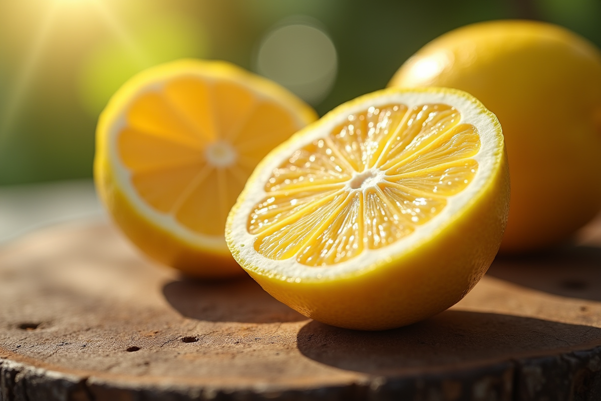 Un citron coupé en deux sur une table en bois rustique sous lumière du matin