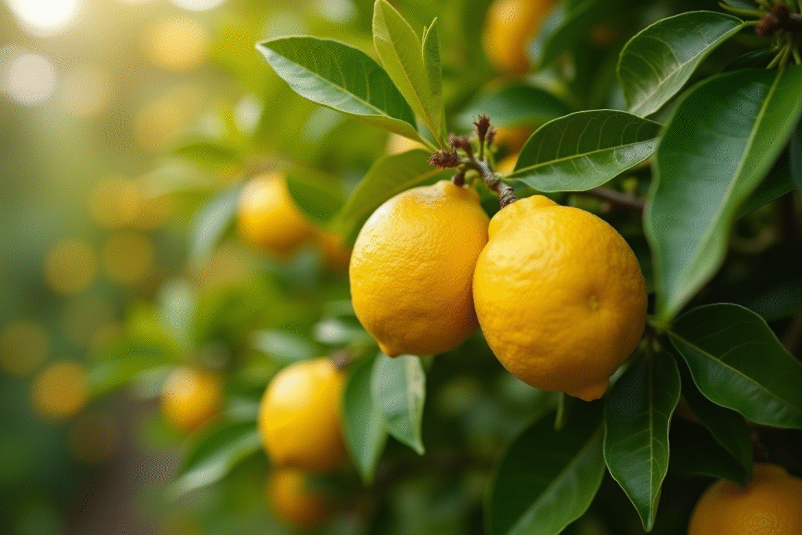 Un citronnier quatre saisons plein de citrons jaunes mûrs et de feuilles vertes