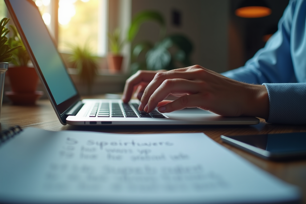 Mains tapant sur un clavier avec un carnet de conseils en cybersécurité