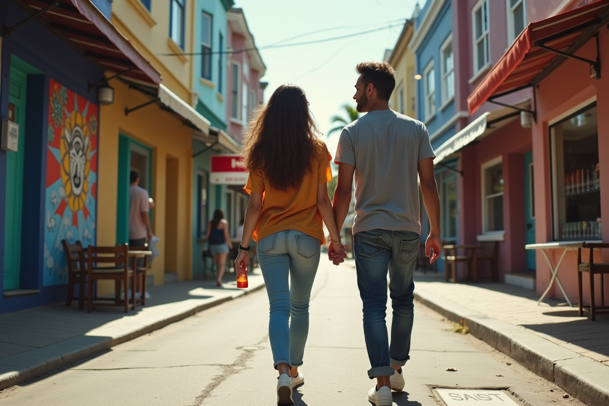 Couple explorant un quartier artistique avec fresques murales