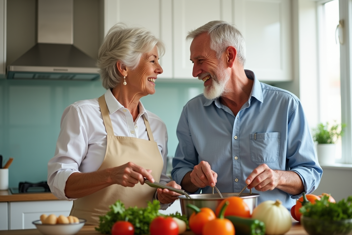 Couple âgé préparant un repas dans une cuisine lumineuse