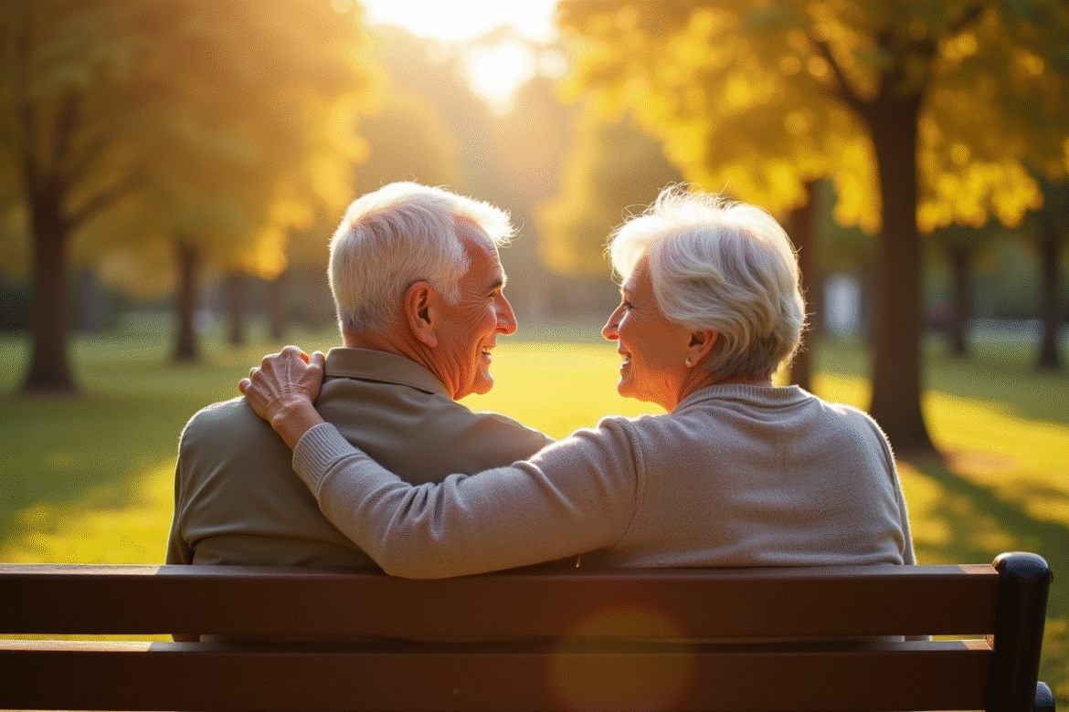 Couple senior souriant assis sur un banc en plein air