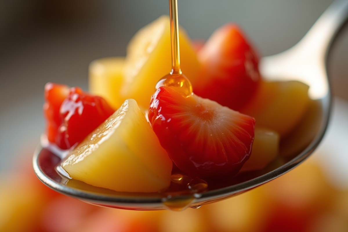 Cuillerée de salade de fruits avec miel brillant