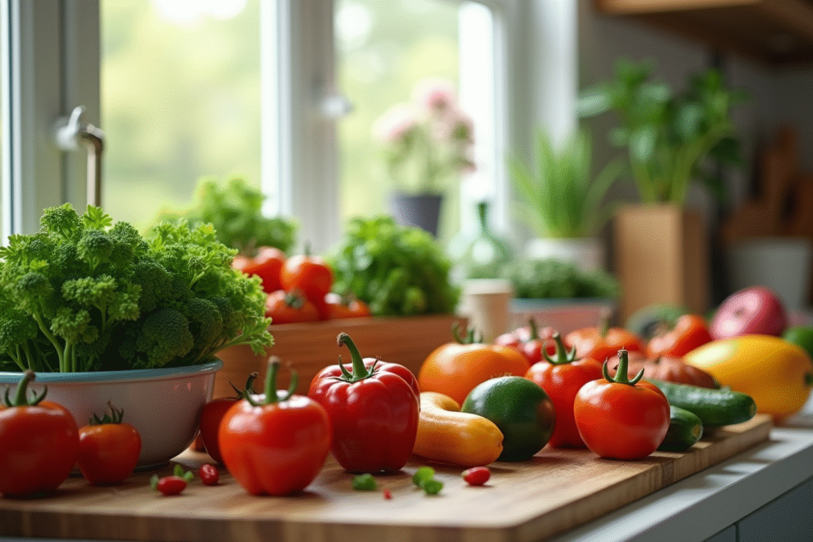 Plan rapproché de légumes en forme de V dans une cuisine lumineuse