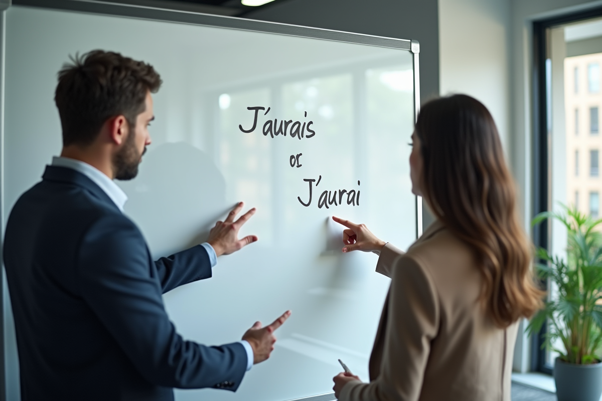 Deux professionnels discutant devant un tableau blanc avec j’aurais et j’aurai