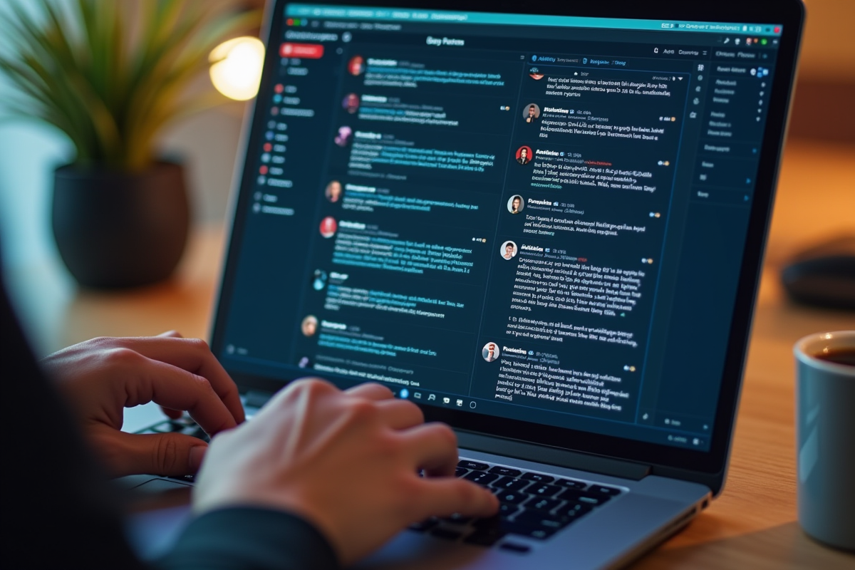 Mains tapant sur un clavier avec un écran de forum en ligne