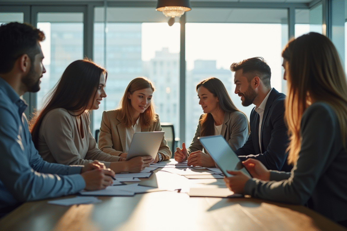 Équipe diversifiée collaborant dans un bureau lumineux