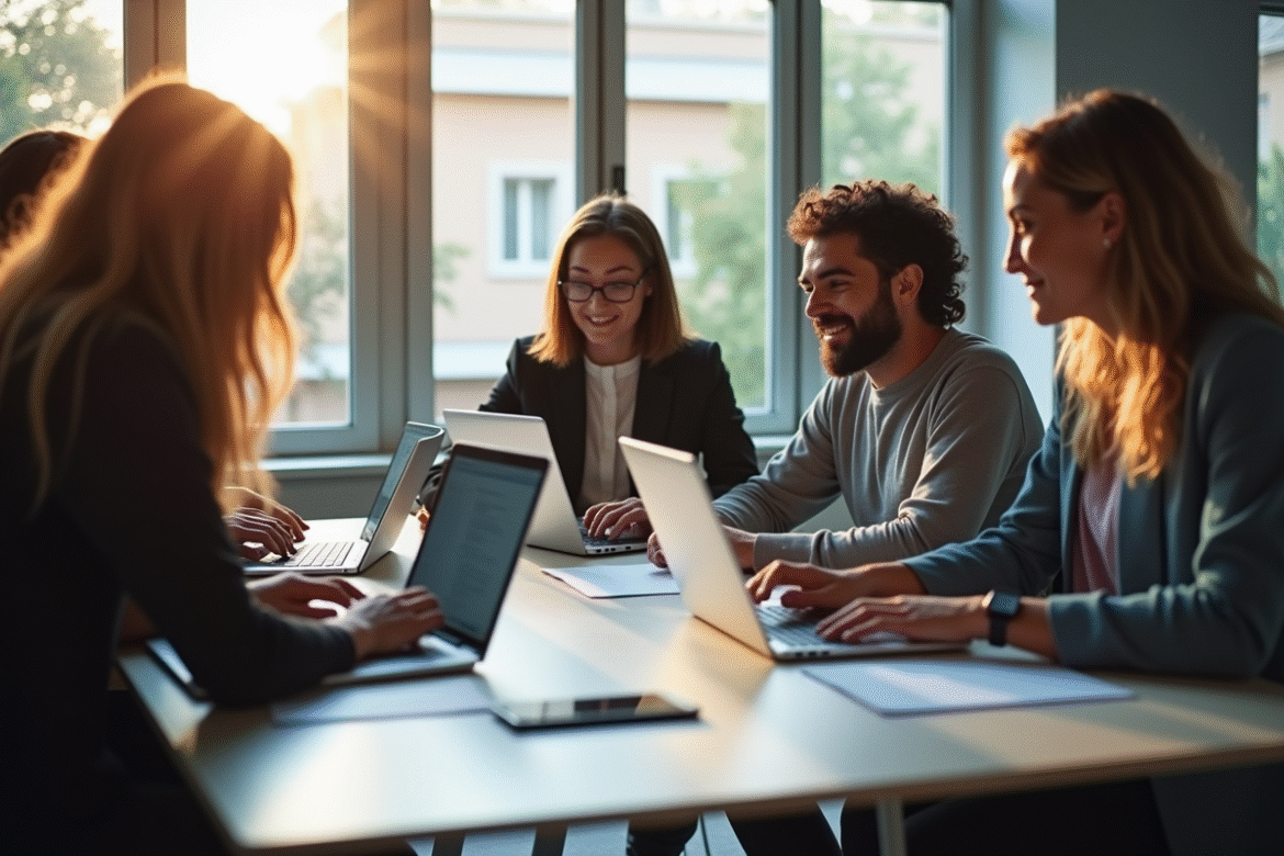 Groupe de professionnels collaborant dans un bureau à Lyon