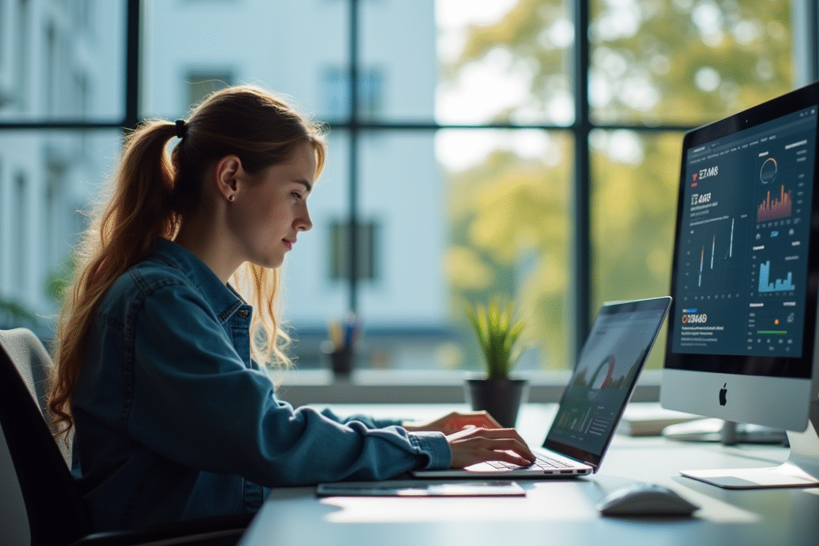 Etudiant en travail dans un bureau lumineux et moderne