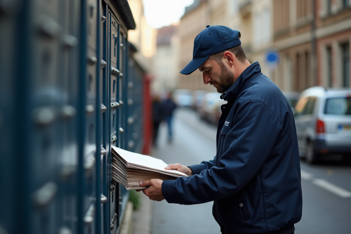 Facteur triant du courrier dans Lille en journée