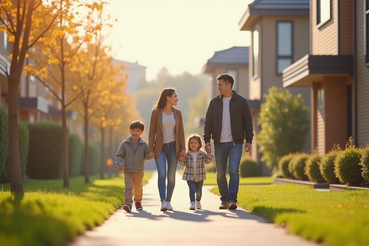 Famille marchant dans un quartier moderne de Guichen