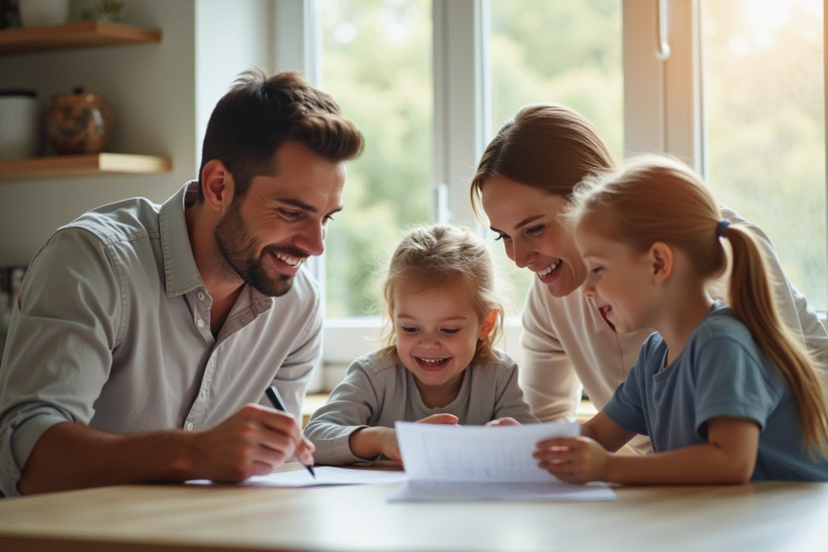 Famille souriante réunie dans la cuisine lumineuse