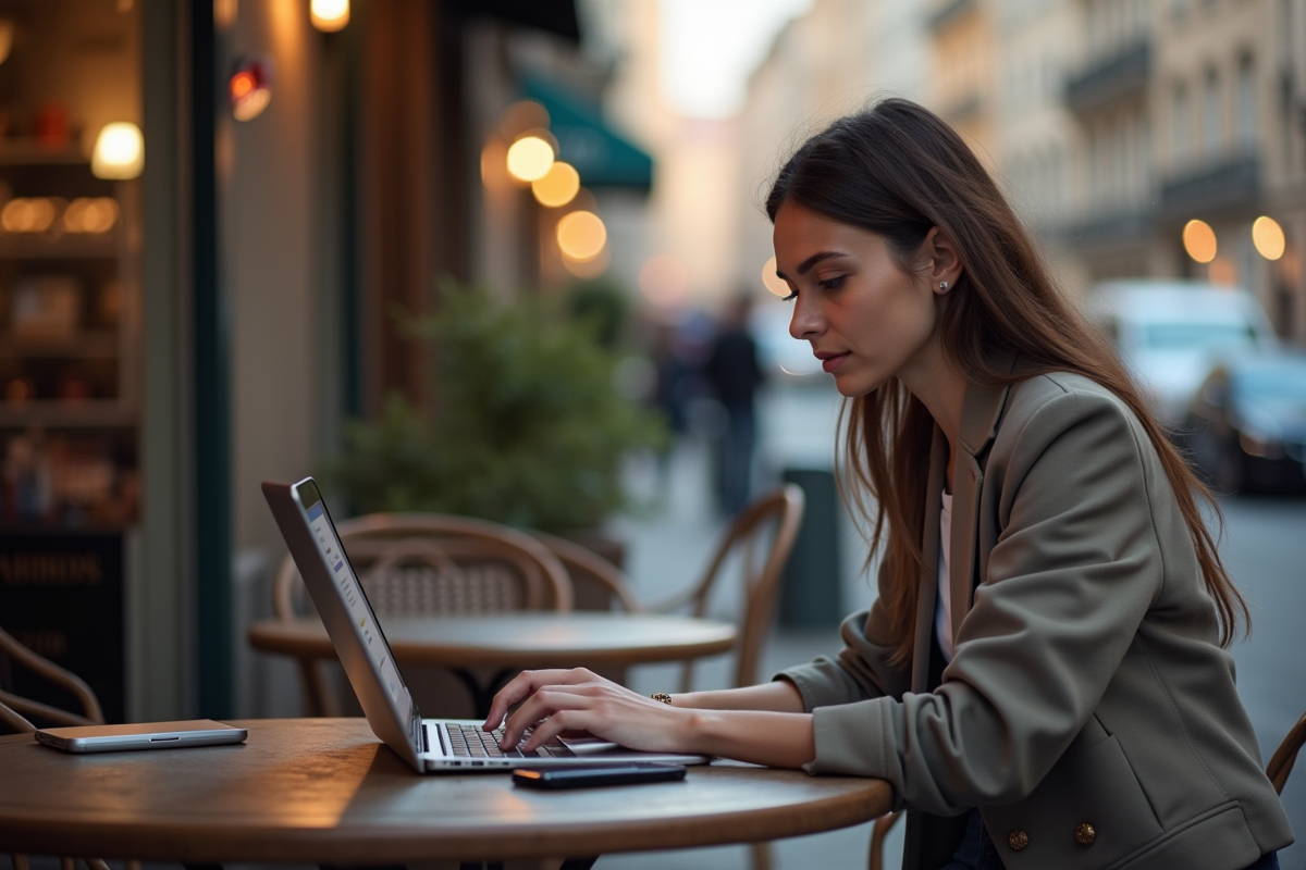 Jeune femme travaillant sur son ordinateur dans un café à Lyon