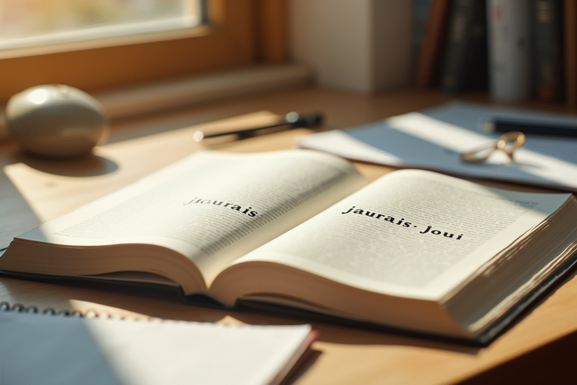 Livre de grammaire française ouvert sur un bureau lumineux
