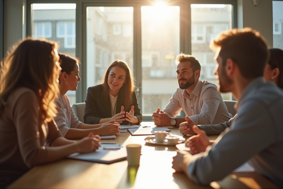 Groupe de personnes discutant autour d'une table lumineuse