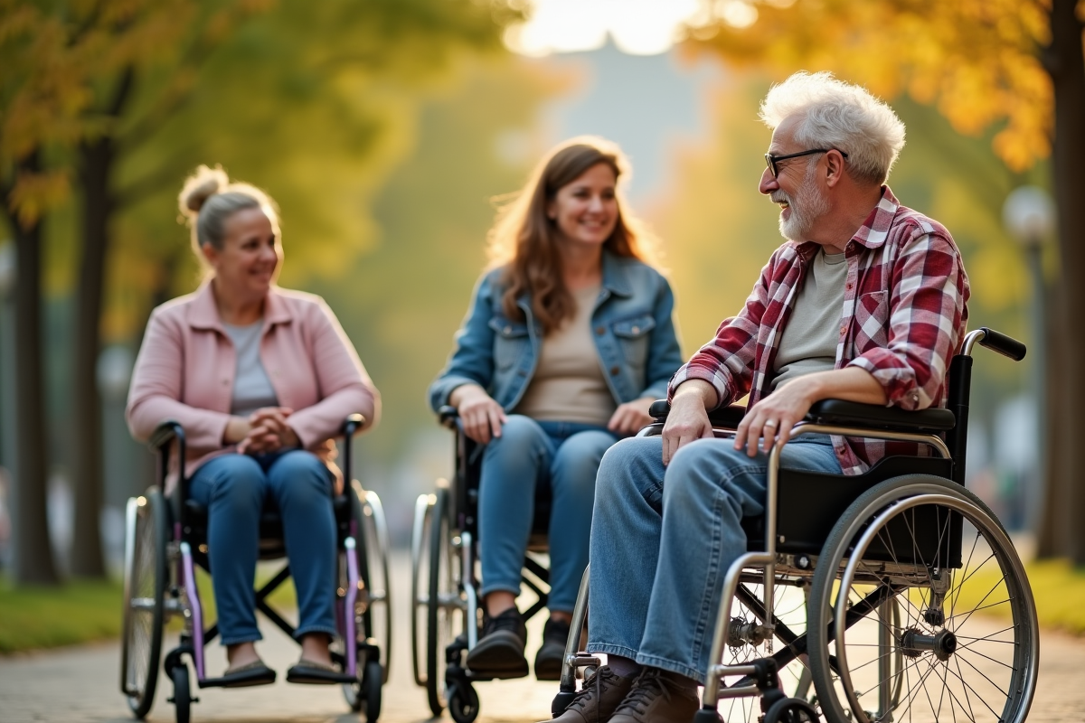 Groupe divers avec handicap en plein air dans un parc ensoleille