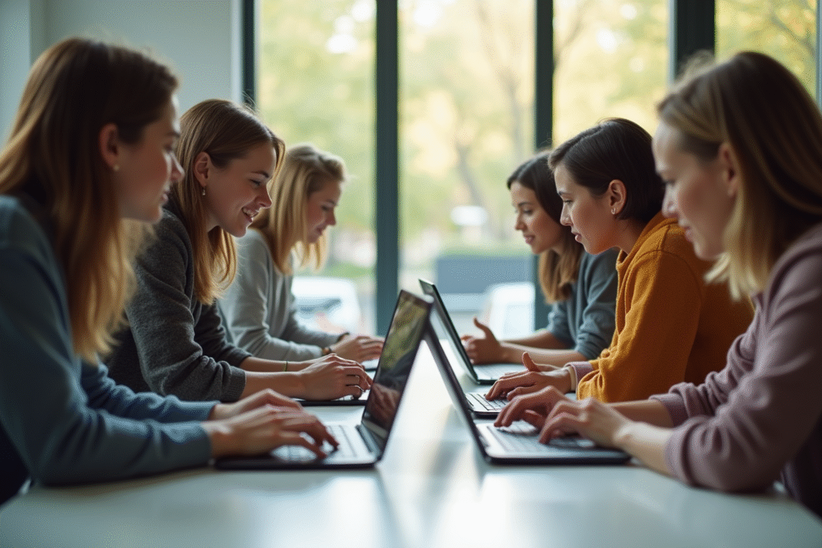 Groupe d'étudiants divers étudiant ensemble avec ordinateurs