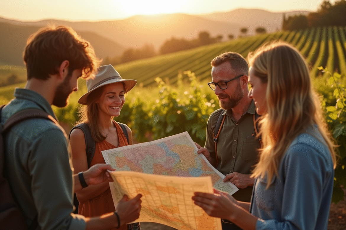 Groupe de voyageurs avec guide près d'un vignoble au coucher du soleil