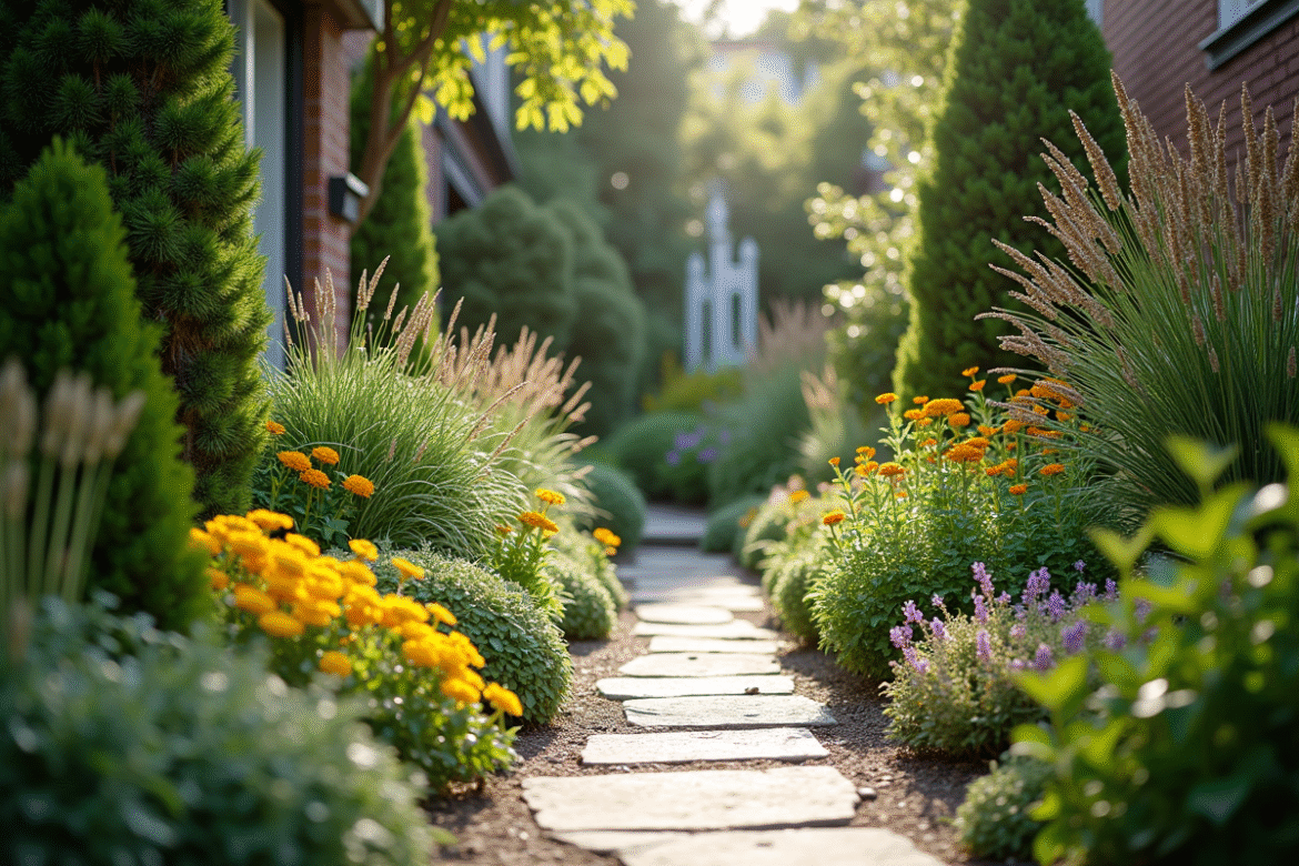 Jardin urbain en journée avec feuillage et fleurs
