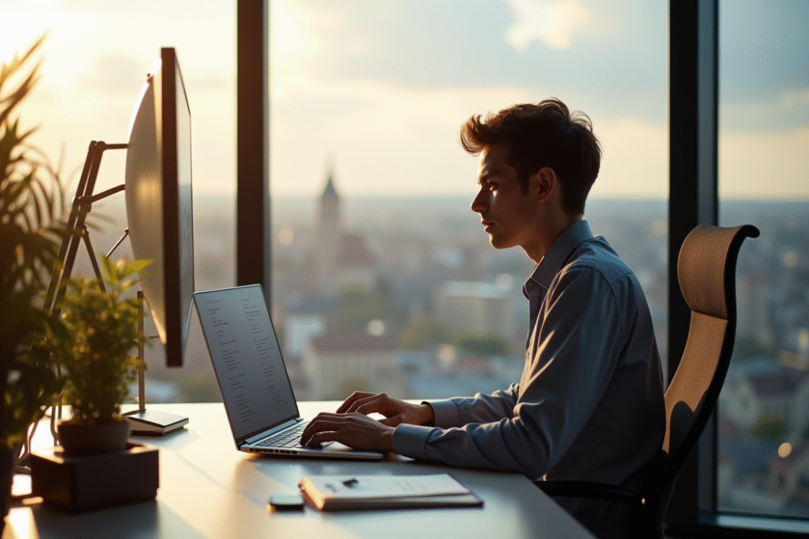 Jeune professionnel utilisant un ordinateur portable avec vue sur Nantes