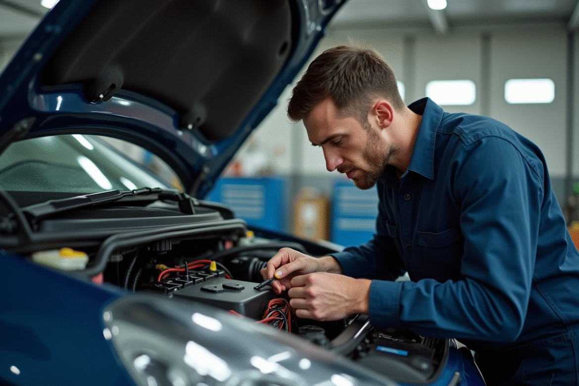 Mécanicien inspectant le moteur d'une Citroën dans un garage lumineux