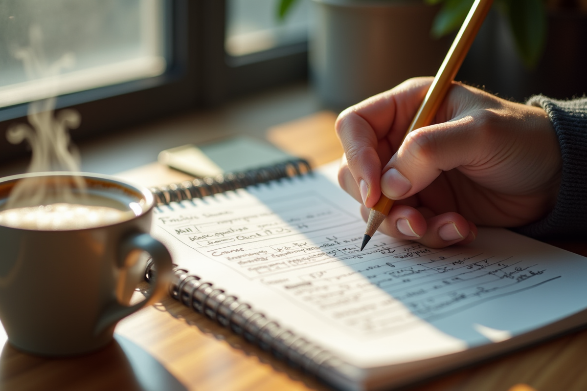 Main tenant un crayon avec des notes Minesweeper et café