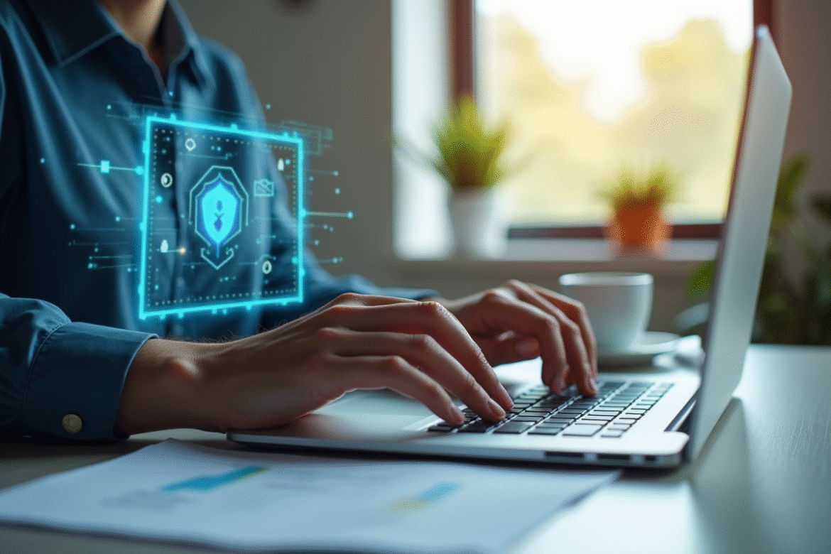 Personne tapant sur un ordinateur avec symbole d'alerte cybersecurite