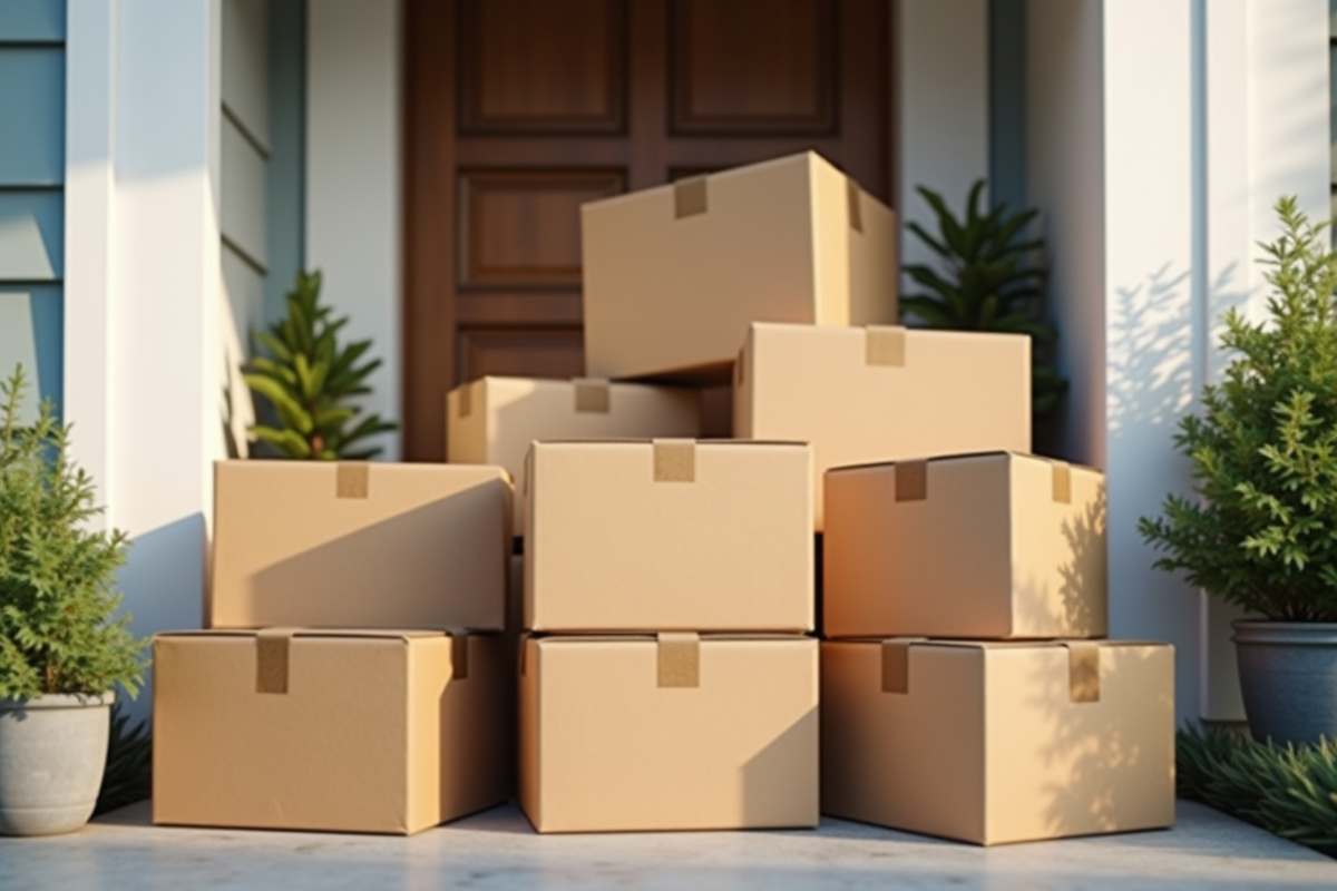 Pile de caisses en carton empilees sur le seuil lumineux
