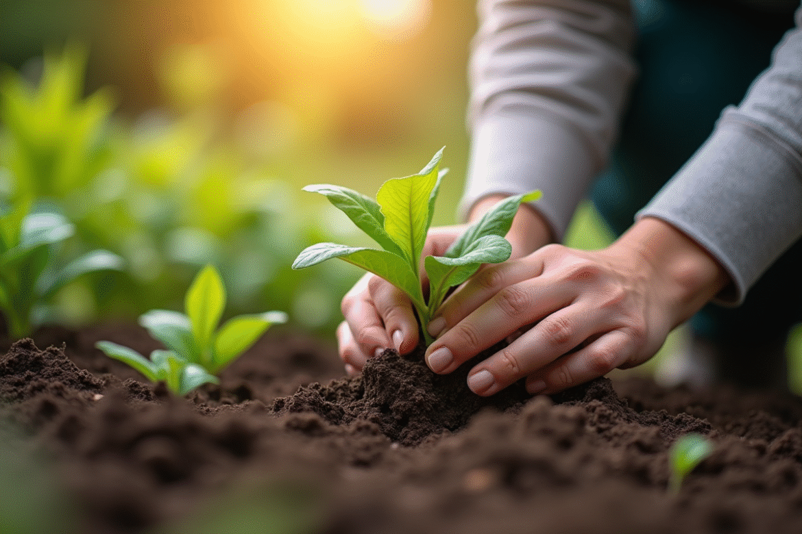 Mains de jardinier plantant un chèvrefeuille dans un sol humide en plein air