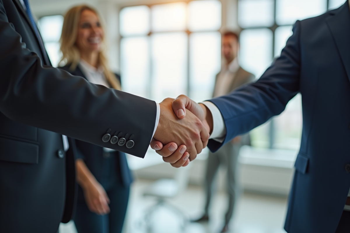 Poignée de main entre deux professionnels en entreprise