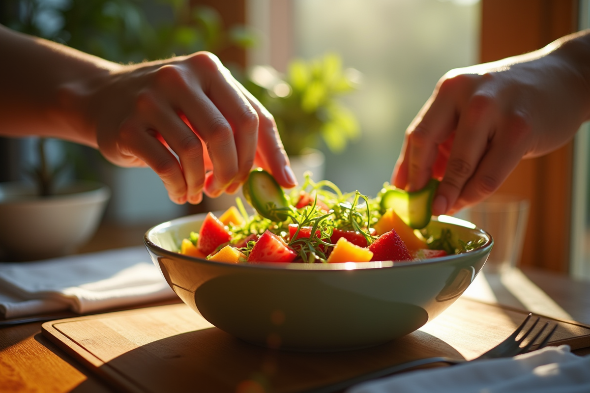 Mains ajoutant des légumes V dans une salade colorée au petit matin