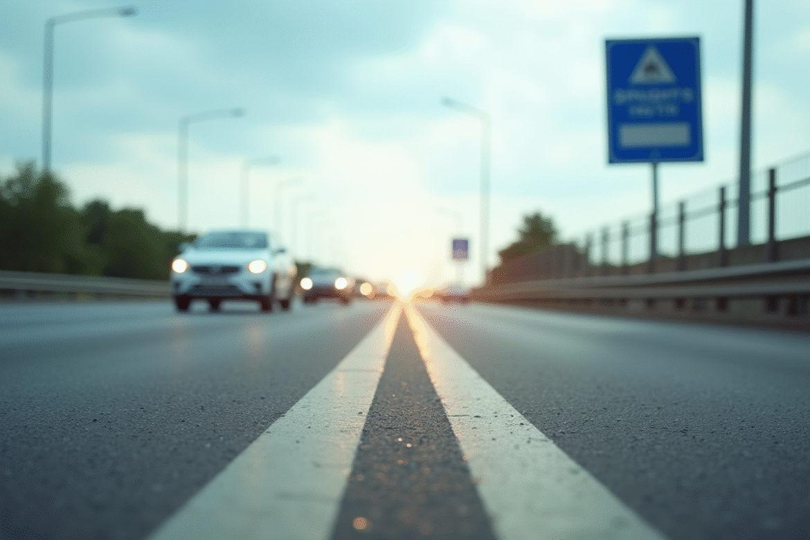 Vue de jour sur une autoroute avec voitures et panneau limite vitesse