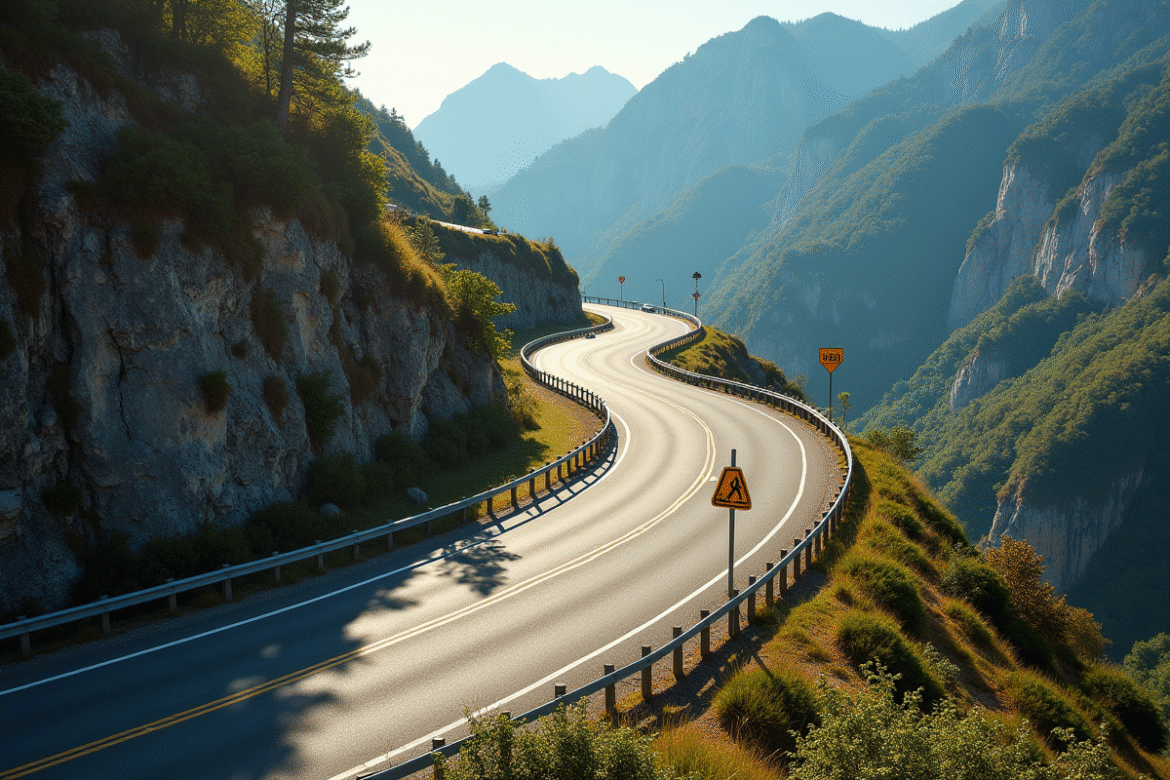 Route de montagne sinueuse en France avec virages serrés